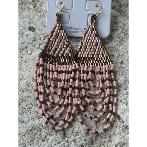 Western Earrings Pink Bronze Gold Fringe Cowgirl Cowboy - Picture 2 of 2